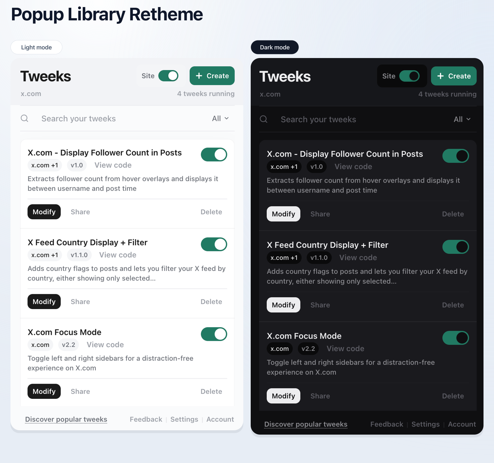 Popup library view in light and dark mode