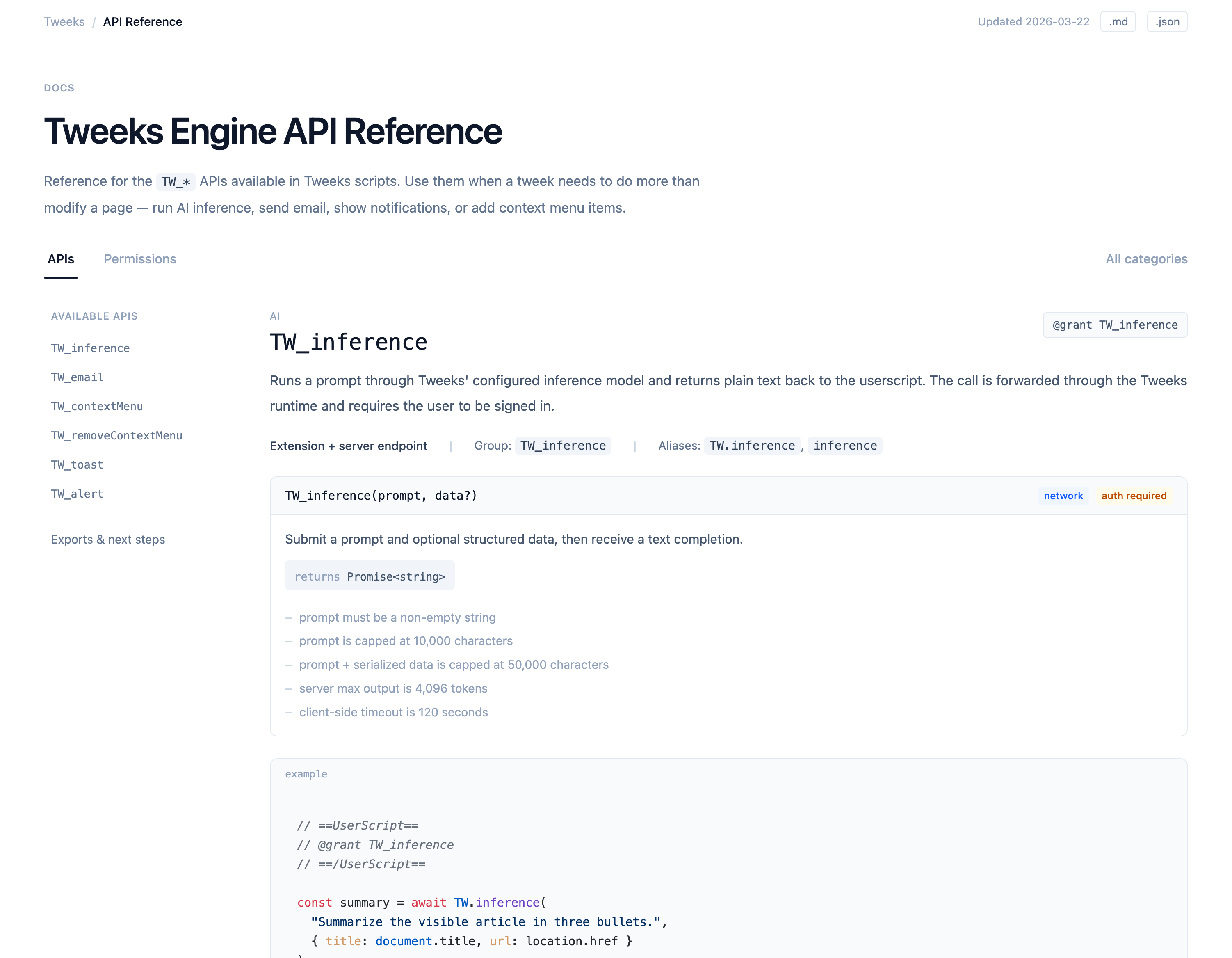 Tweeks Engine docs hub showing the API reference and permissions tabs