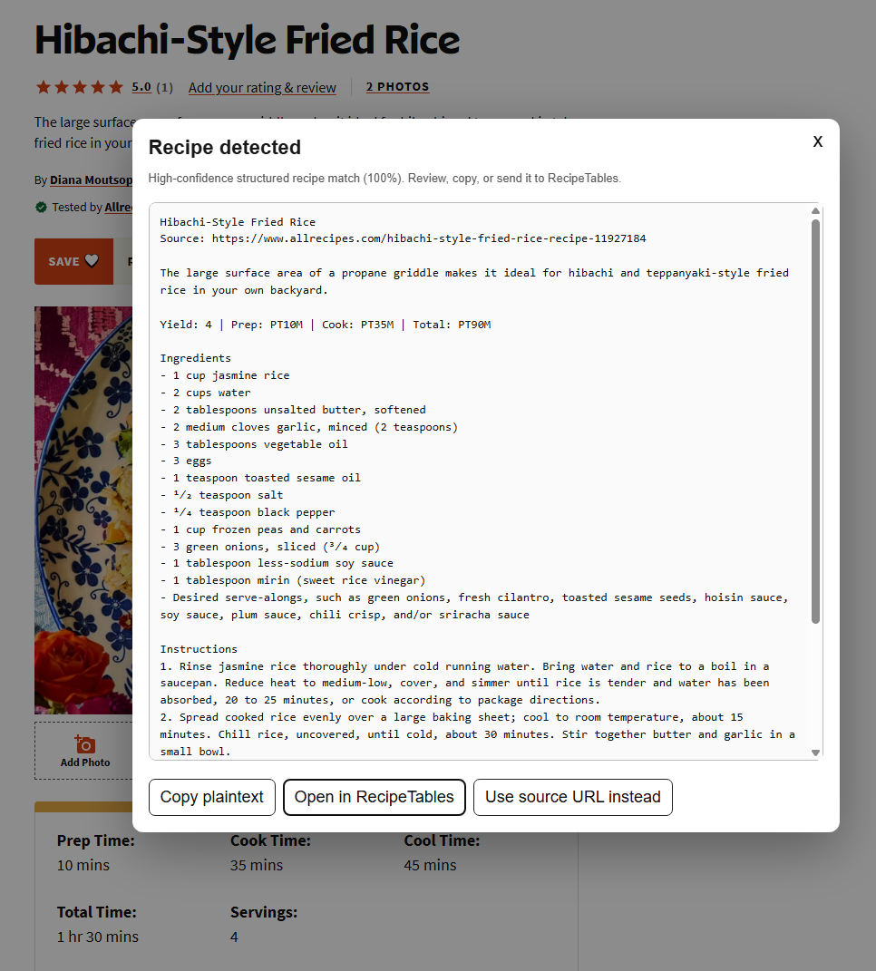 Screenshot of Recipe Extractor to RecipeTables Auto-Build